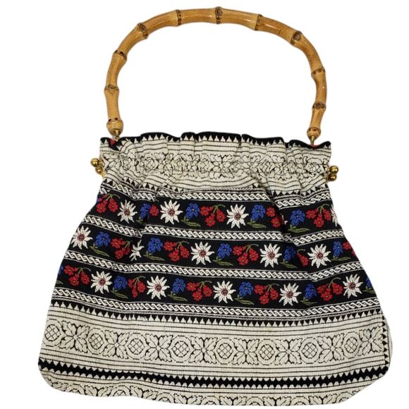 Vintage Handbags - Vintage Handbag Embroidered Bamboo Handle